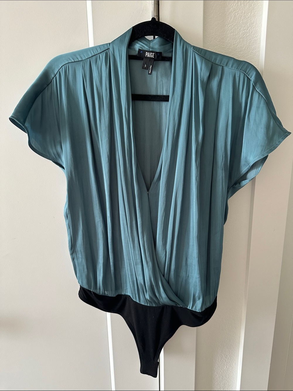 PAIGE Teal Draped Surplice Bodysuit with Black Bottom